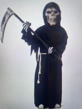 Boys Black Grim Reaper Costume w/Mask & Scythe w/glowing red eyes mask 4-6X